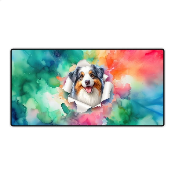 Funny Watercolor Adorable Australian Shepherd Peeking Through Torn Paper Effect Desk Mat Full Keyboard Mouse Pad Aussie Dog Lover Gifts Large Mousepad - 00026