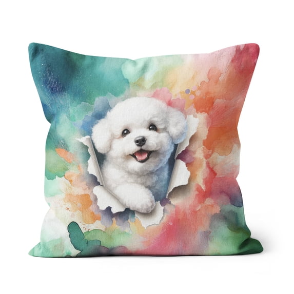 Funny Watercolor Adorable Bichon Frise Peeking Through Torn Paper Effect Pillow Cushion Double Sided Bichons Dog Lovers Gifts Idea Throw Pillow - 00026