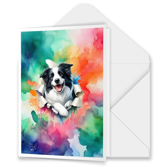 Funny Watercolor Adorable Border Collie Peeking Through Torn Paper Effect 5x7in Folded Greeting Card Borders Dog Lovers Gifts Idea Single Note Card with Envelope - 00026