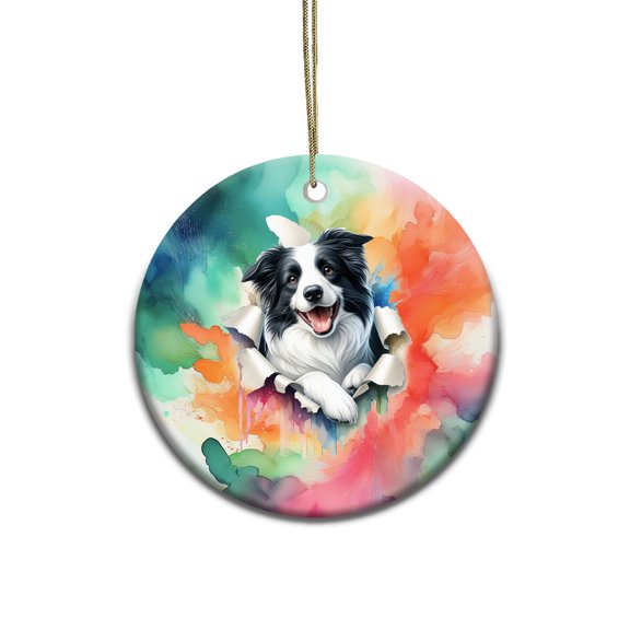 Funny Watercolor Adorable Border Collie Peeking Through Torn Paper Effect Ceramic Round Ornament Borders Dog Lovers Gifts Idea Home Tree Decor - 00026