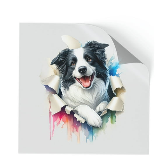Funny Watercolor Adorable Border Collie Peeking Through Torn Paper Effect Cutout Transfer Sticker Borders Dog Lovers Gifts Idea Transparent Decal Art Decor - 00026