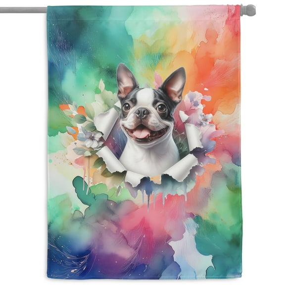 Funny Watercolor Adorable Boston Terrier Peeking Through Torn Paper Effect House Flag 28x40in Double Sided Gentleman Dog Lover Gifts Outdoor Decor - 00026