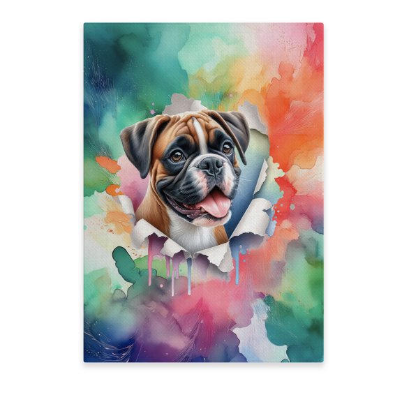 Funny Watercolor Adorable Boxer Peeking Through Torn Paper Effect Vertical Matte Canvas Poster Boxers Dog Lover Gifts Idea Wall Art Home Decor - 00026