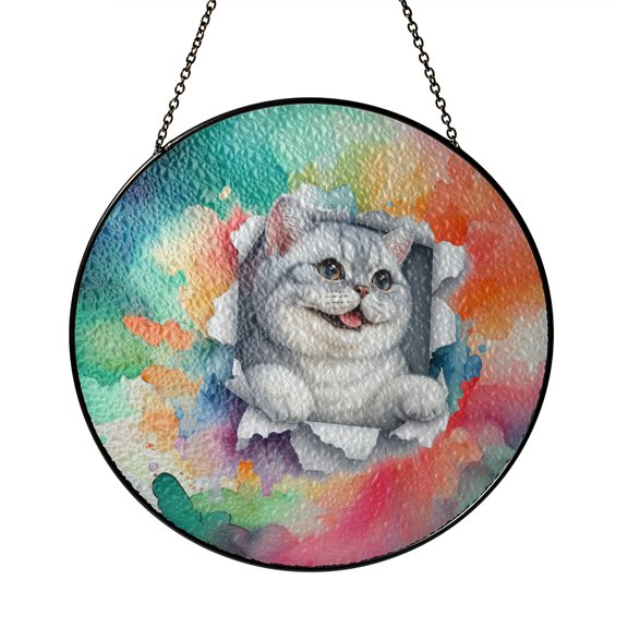 Funny Watercolor Adorable British Shorthair Peeking Through Torn Paper Effect Stained Glass Suncatcher Cat Lover Kitten Owner Gifts Window Hanging Sign Decor - 00026
