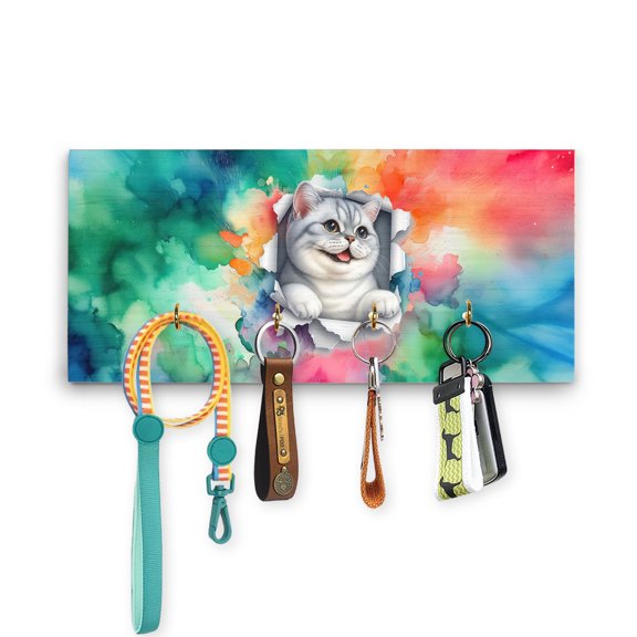 Funny Watercolor Adorable British Shorthair Peeking Through Torn Paper Effect Wood Key Holder Cat Lover Kitten Owner Gifts Wall-mounted Key Rack Home Decor - 00026