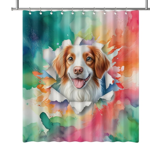 Funny Watercolor Adorable Brittany Spaniel Peeking Through Torn Paper Effect Shower Curtain Brittany Dog Lover Gifts Idea Waterproof Bathroom Bathtub Curtain - 00026