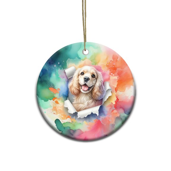 Funny Watercolor Adorable Cocker Spaniel Peeking Through Torn Paper Effect Ceramic Round Ornament Cockers Dog Lover Gifts Home Tree Decor - 00026