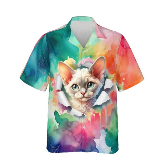Funny Watercolor Adorable Devon Rex Peeking Through Torn Paper Effect Hawaiian Shirt Breathable Summer Unisex Merch Cat Lover Kitten Owner Gifts - 00026