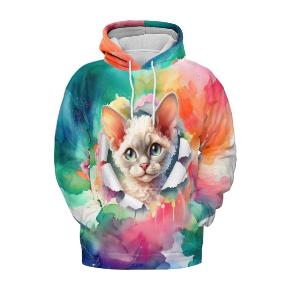 Funny Watercolor Adorable Devon Rex Peeking Through Torn Paper Effect All Over Print 3D Hoodie Unisex Merch Hoodies Cat Lover Kitten Owner Gifts - 00026