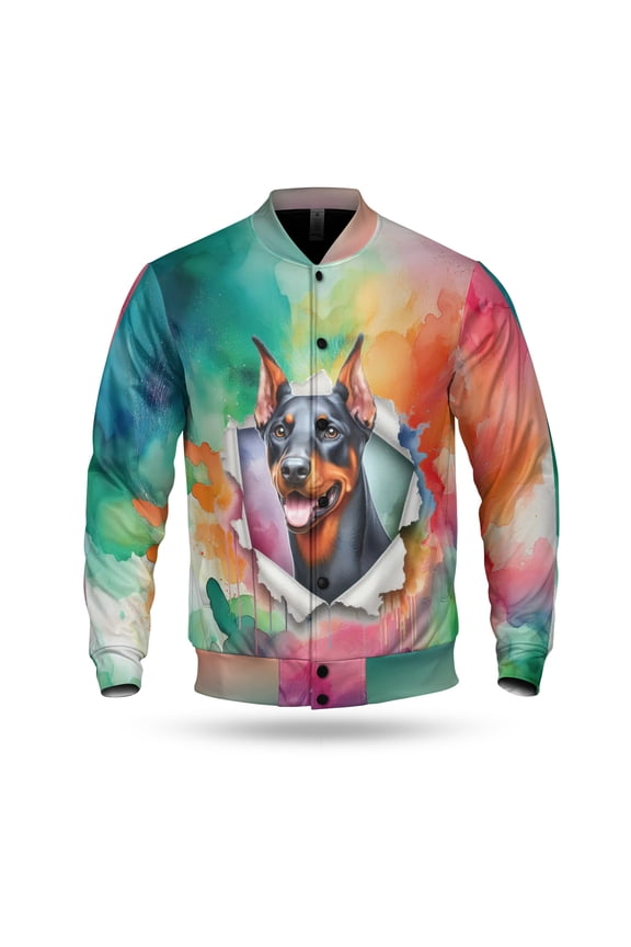 Funny Watercolor Adorable Doberman Pinscher Peeking Through Torn Paper Effect All Over Print 3D Baseball Jacket Doberman Dog Lover Gifts Bomber Jacket Softball - 00026