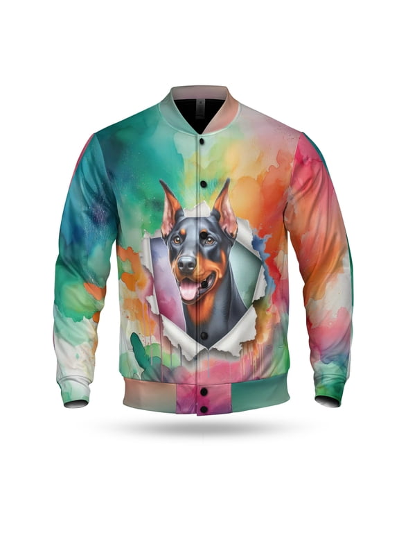 Funny Watercolor Adorable Doberman Pinscher Peeking Through Torn Paper Effect All Over Print 3D Baseball Jacket Doberman Dog Lover Gifts Bomber Jacket Softball - 00026