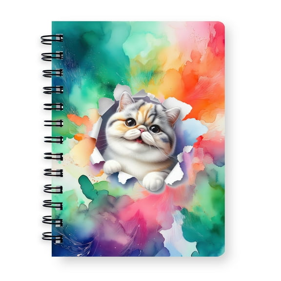 Funny Watercolor Adorable Exotic Shorthair Peeking Through Torn Paper Effect Spiral Bound Journal Cat Lover Kitten Owner Gifts 5x7in Spiral Notebook - 00026