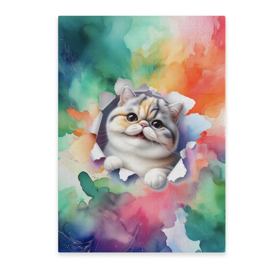 Funny Watercolor Adorable Exotic Shorthair Peeking Through Torn Paper Effect Vertical Matte Canvas Poster Cat Lover Kitten Owner Gifts Wall Art Home Decor - 00026