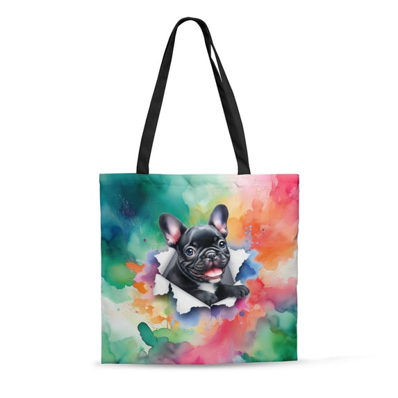 Funny Watercolor Adorable French Bulldog Peeking Through Torn Paper Effect All Over Print 3D Canvas Tote Bag Dog Lover Gifts Reusable Handbag - 00026