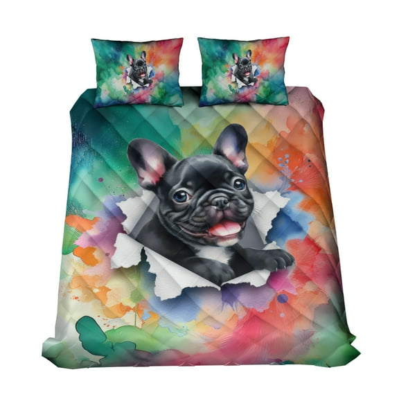 Funny Watercolor Adorable French Bulldog Peeking Through Torn Paper Effect Quilt Bedding Set Dog Lover Gifts 1 Blanket Bed Cover 2 Pillowcases - 00026