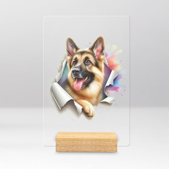 Funny Watercolor Adorable German Shepherd Peeking Through Torn Paper Effect Acrylic Plaque Sign Ashwood Base Alsatian Dog Lover Gifts Home Desk Decor - 00026