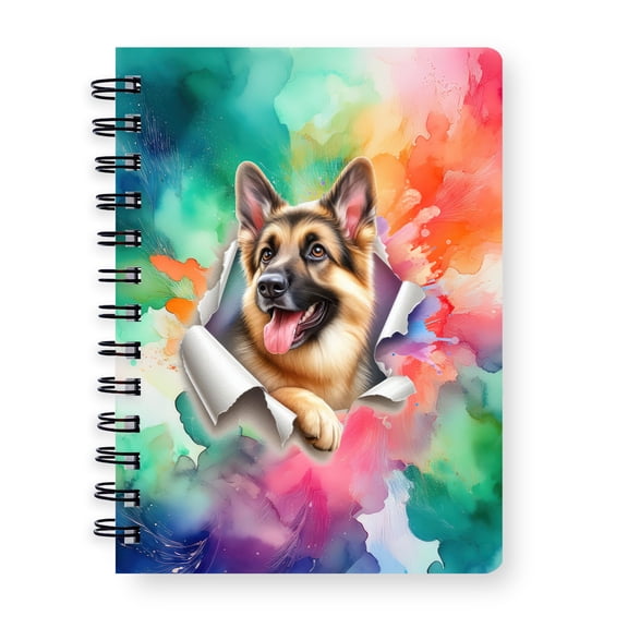 Funny Watercolor Adorable German Shepherd Peeking Through Torn Paper Effect Spiral Bound Journal Alsatian Dog Lover Gifts 5x7in Spiral Notebook - 00026
