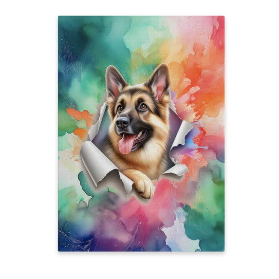 Funny Watercolor Adorable German Shepherd Peeking Through Torn Paper Effect Vertical Matte Canvas Poster Alsatian Dog Lover Gifts Wall Art Home Decor - 00026