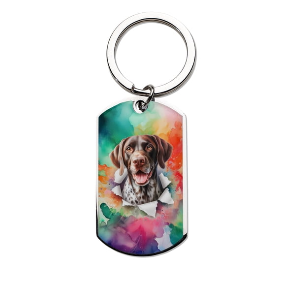 Funny Watercolor Adorable German Shorthaired Pointer Peeking Through Torn Paper Effect Stainless Steel Keychain GSP Lover Dog Gift Collar Charm Tag Keyring - 00026