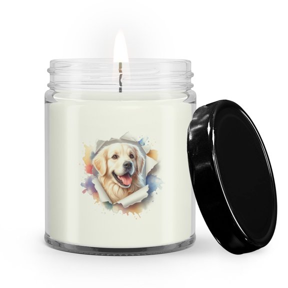Funny Watercolor Adorable Golden Retriever Peeking Through Torn Paper Effect Soy Wax Candle Goldens Dog Lover Gifts Idea 9oz White Birch & Black Pepper Candle - 00026