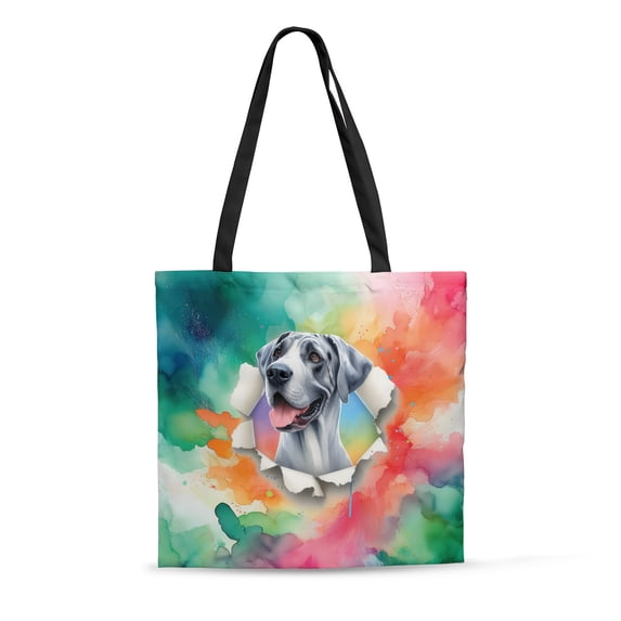 Funny Watercolor Adorable Great Dane Peeking Through Torn Paper Effect All Over Print 3D Canvas Tote Bag Danes Dog Lover Gifts Reusable Handbag - 00026