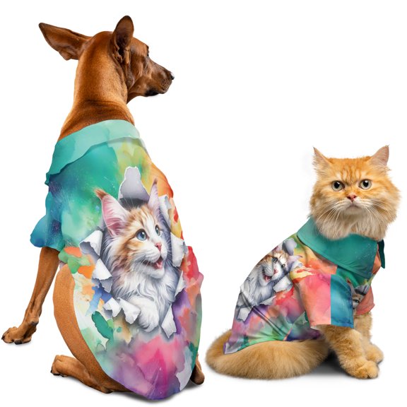 Funny Watercolor Adorable Maine Coon Peeking Through Torn Paper Effect Hawaiian Summer Shirt for Small Medium Large Dog Cat Cat Lover Kitten Owner Gifts - 00026