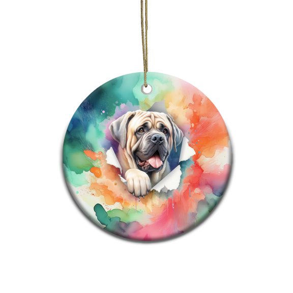 Funny Watercolor Adorable Mastiff Peeking Through Torn Paper Effect Ceramic Round Ornament Mastiffs Dog Lover Gifts Idea Home Tree Decor - 00026