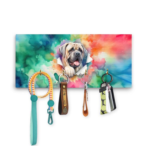 Funny Watercolor Adorable Mastiff Peeking Through Torn Paper Effect Wood Key Holder Mastiffs Dog Lover Gifts Idea Wall-mounted Key Rack Home Decor - 00026