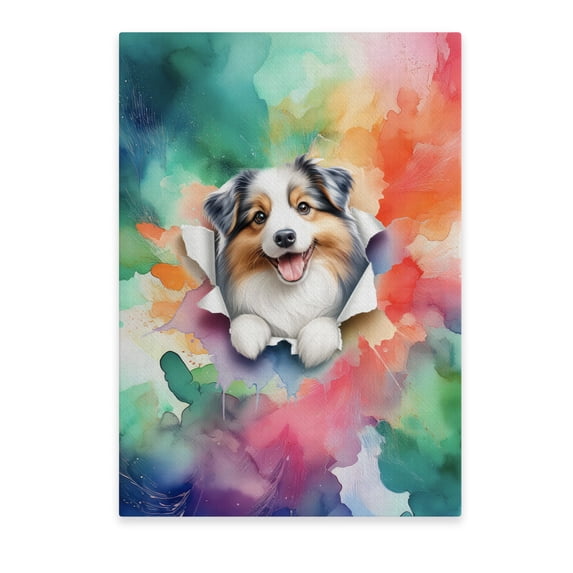 Funny Watercolor Adorable Miniature American Shepherd Peeking Through Torn Paper Effect Vertical Matte Canvas Poster MAS Dog Lover Gifts Wall Art Home Decor - 00026
