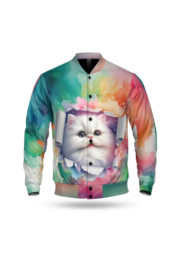 Funny Watercolor Adorable Persian Peeking Through Torn Paper Effect All Over Print 3D Baseball Jacket Cat Lover Kitten Owner Gifts Bomber Jacket Softball - 00026