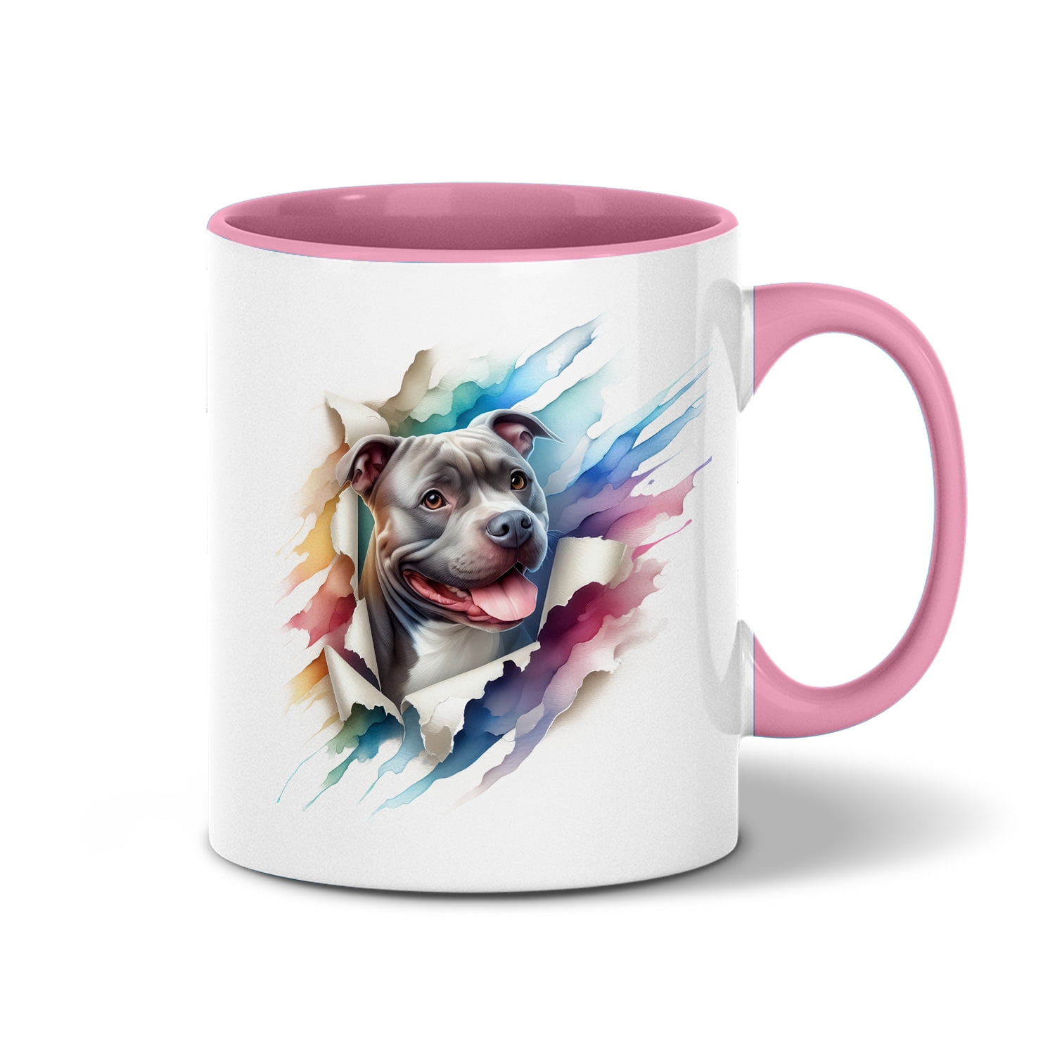 Funny Watercolor Adorable Pitbull Peeking Through Torn Paper Effect