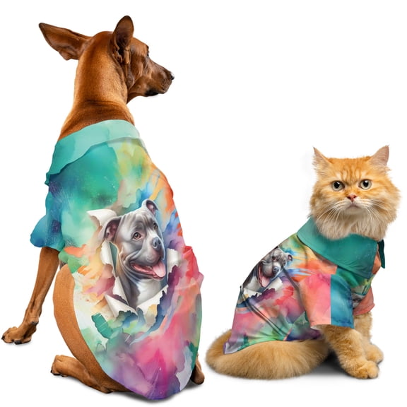 Funny Watercolor Adorable Pitbull Peeking Through Torn Paper Effect Hawaiian Summer Shirt for Small Medium Large Dog Cat Terrier Dog Lover - 00026