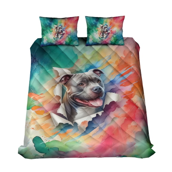 Funny Watercolor Adorable Pitbull Peeking Through Torn Paper Effect Quilt Bedding Set Terrier Dog Lover 1 Blanket Bed Cover 2 Pillowcases - 00026