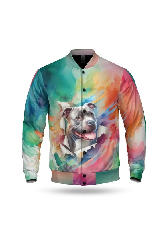 Funny Watercolor Adorable Pitbull Peeking Through Torn Paper Effect All Over Print 3D Baseball Jacket Terrier Dog Lover Bomber Jacket Softball - 00026