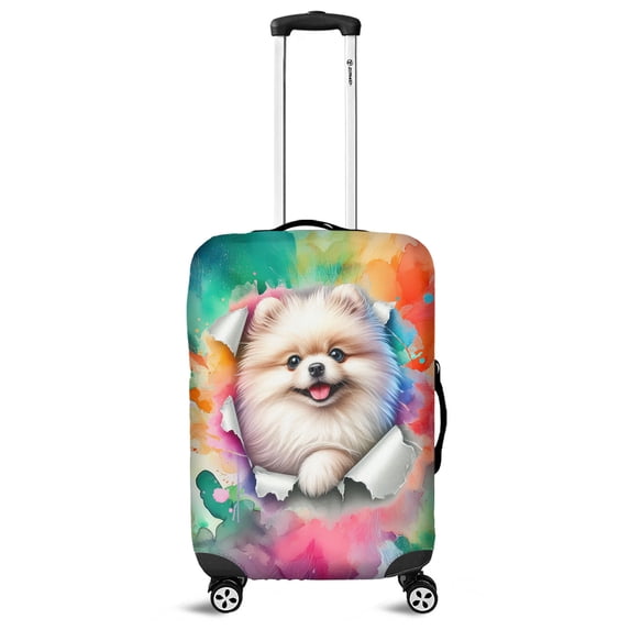Funny Watercolor Adorable Pomeranian Peeking Through Torn Paper Effect Travel Luggage Cover Pom Dog Lover Gifts Suitcase Dust Protective Decor - 00026
