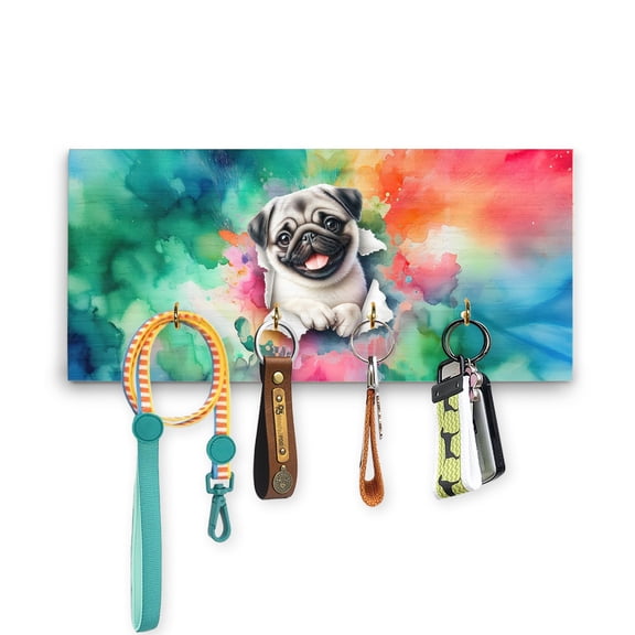 Funny Watercolor Adorable Pug Peeking Through Torn Paper Effect Wood Key Holder Dog Lover Gifts Wall-mounted Key Rack Home Decor - 00026