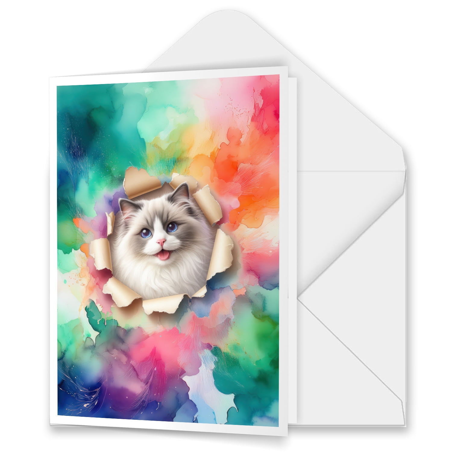 Funny Watercolor Adorable Ragdoll Peeking Through Torn Paper Effect ...