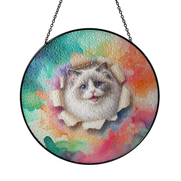 Funny Watercolor Adorable Ragdoll Peeking Through Torn Paper Effect Stained Glass Suncatcher Cat Lover Kitten Owner Gifts Idea Window Hanging Sign Decor - 00026