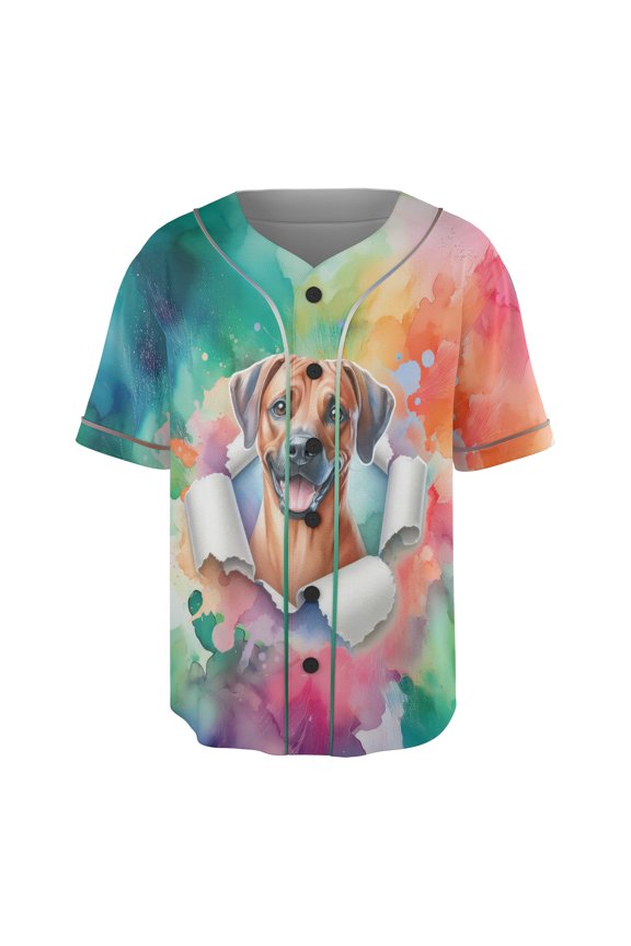 Funny Watercolor Adorable Rhodesian Ridgeback Peeking Through Torn Paper Effect All Over Print 3D Baseball Shirt Ridgebacks Dog Lover Gifts Softball Sport - 00026