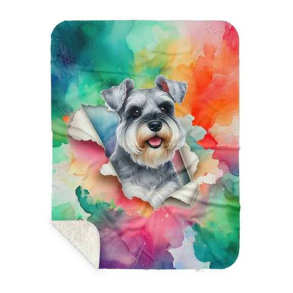 Funny Watercolor Adorable Schnauzer Peeking Through Torn Paper Effect Cozy Sherpa Blanket Miniature Schnauzer Dog Lover Warm Soft Throw Blanket - 00026