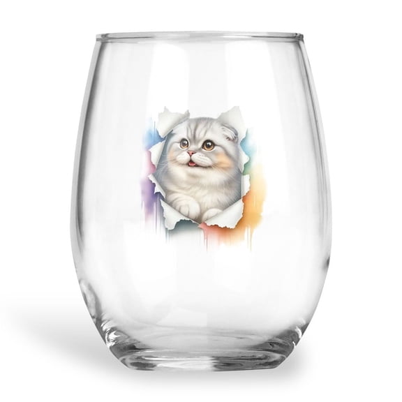 Funny Watercolor Adorable Scottish Fold Peeking Through Torn Paper Effect 15oz Stemless Wine Glass Mug Cat Lover Kitten Owner Gifts Wine Glasses Cup - 00026