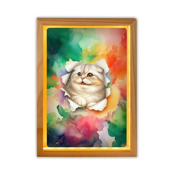 Funny Watercolor Adorable Scottish Fold Peeking Through Torn Paper Effect Acrylic Plaque with Wood Photo Frame Box Cat Lover Kitten Owner Gifts Light Box - 00026