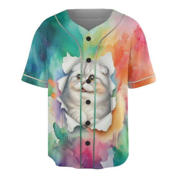 Funny Watercolor Adorable Scottish Fold Peeking Through Torn Paper Effect All Over Print 3D Baseball Shirt Cat Lover Kitten Owner Gifts Softball Sport - 00026