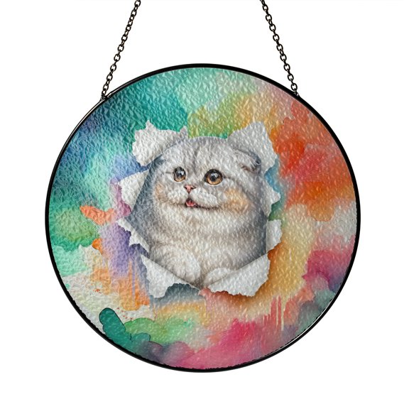 Funny Watercolor Adorable Scottish Fold Peeking Through Torn Paper Effect Stained Glass Suncatcher Cat Lover Kitten Owner Gifts Window Hanging Sign Decor - 00026