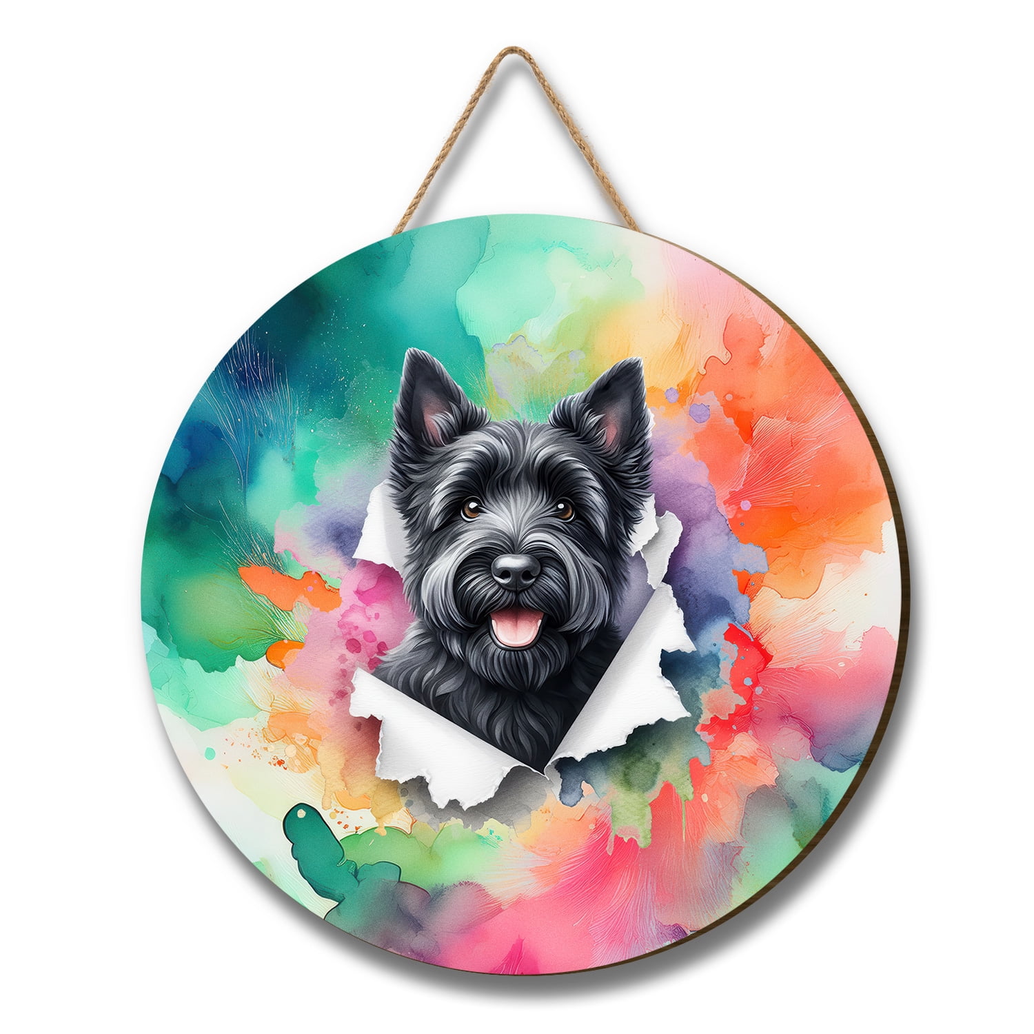 Funny Watercolor Adorable Scottish Terrier Peeking Through Torn Paper