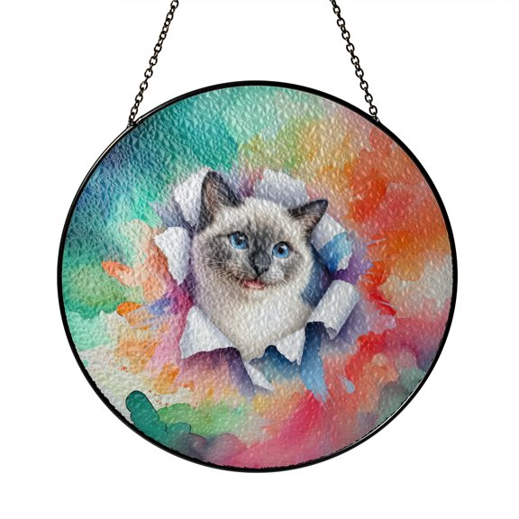 Funny Watercolor Adorable Siamese Peeking Through Torn Paper Effect Stained Glass Suncatcher Cat Lover Kitten Owner Gifts Window Hanging Sign Decor - 00026