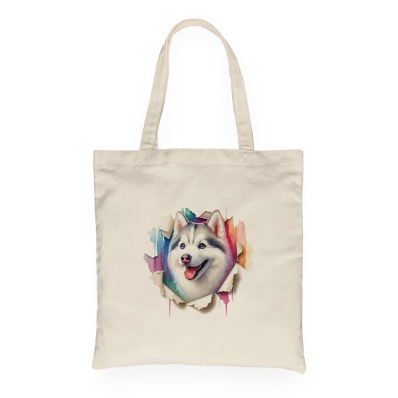 Funny Watercolor Adorable Siberian Husky Peeking Through Torn Paper Effect Canvas Tote Bag Husky Dog Lover Gifts Reusable Shopping Grocery Bag - 00026