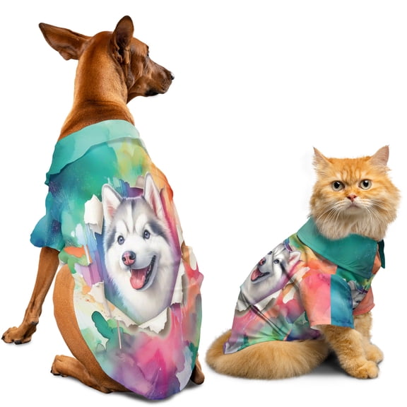 Funny Watercolor Adorable Siberian Husky Peeking Through Torn Paper Effect Hawaiian Summer Shirt for Small Medium Large Dog Cat Husky Dog Lover Gifts - 00026