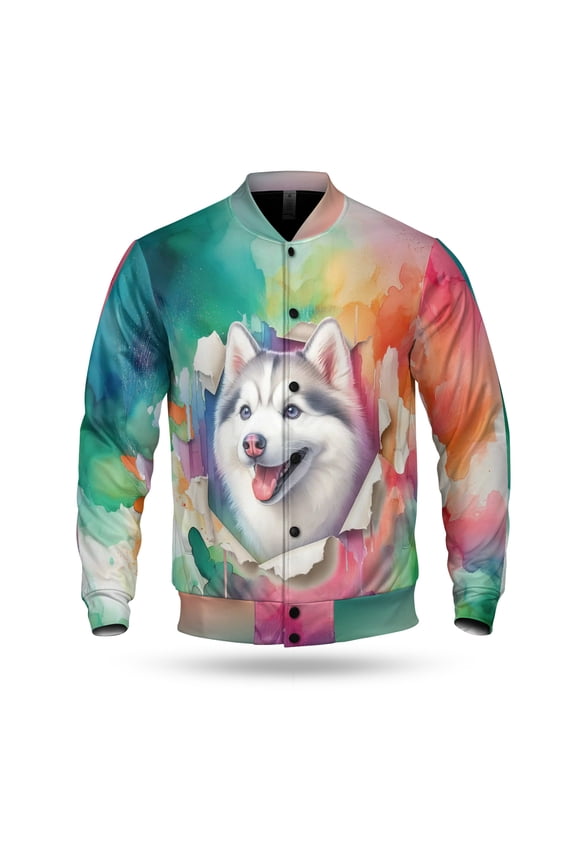Funny Watercolor Adorable Siberian Husky Peeking Through Torn Paper Effect All Over Print 3D Baseball Jacket Husky Dog Lover Gifts Bomber Jacket Softball - 00026