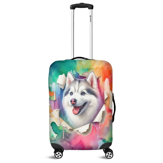 Funny Watercolor Adorable Siberian Husky Peeking Through Torn Paper Effect Travel Luggage Cover Husky Dog Lover Gifts Suitcase Dust Protective Decor - 00026